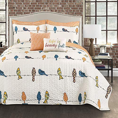Lush Decor Rowley Birds Quilt Set, 7 Piece Set, Full/ Queen, Multi - Reversible Bird Bedding Set With Pillow Cases & Throw Pillows - Colorful, Whimsical, & Playful Floral Bird Print