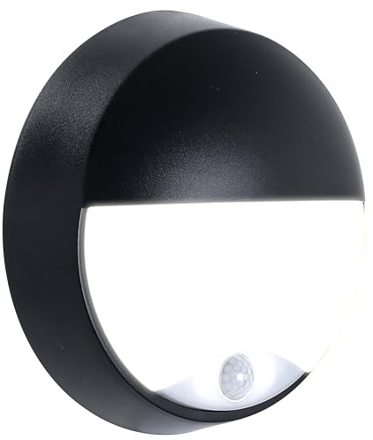 Luceco Eco Outdoor LED Bulkhead Light with PIR Motion Sensor, Decorative Exterior Lighting, Eyelid Design, Round, Black, IP54, 10W, 400lm, 4000K, EBEE10P40