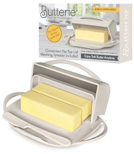Butterie Flip Top Butter Dish with Attached Lid & Matching Knife - Holds 2 Sticks, Fits Kerrygold/European Butter - BPA Free & Dishwasher Safe - Ivory