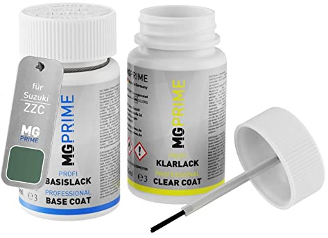 MG PRIME Autolack Lackstift für Suzuki ZZC Jungle Green + Klarlack | Set aus Basislack + Klarlack, Lackfläschchen mit Pinsel, je 50ml