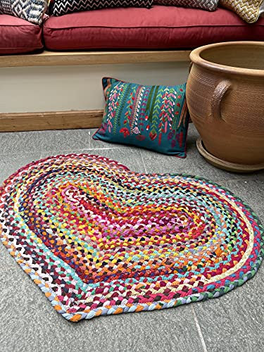 Second Nature Online Heart Shaped Braided Rug Hand Woven with Multi Colour Recycled Fabric GoodWeave Certified
