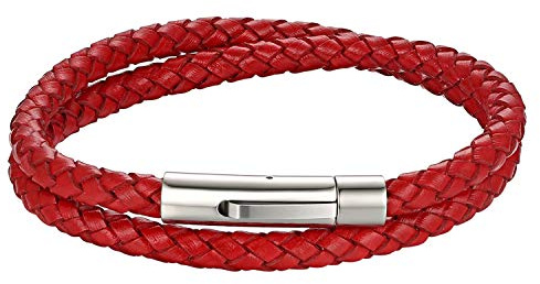 Cupimatch Men's Stainless Steel Magnetic Clasp Braided Leather Rope Bracelet Cuff (Red) for Father's Day