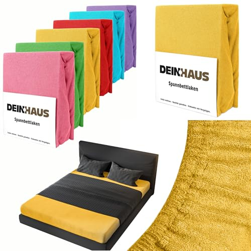 DH DEIN.HAUS Frottee Spannbettlaken 200 x 220 cm – Baumwolle, mit Gummizug, weich & pflegeleicht, Bettlaken – Farbe: gelb