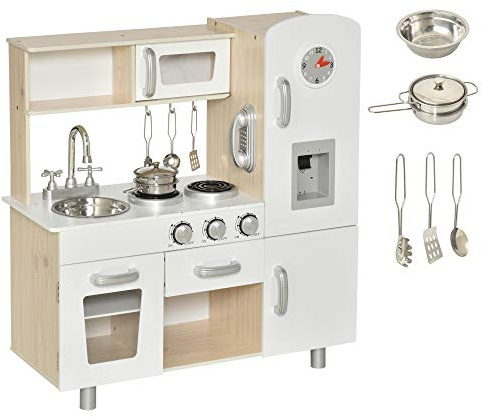 HOMCOM Cocina de Juguete de Madera con Fregadero Cocina de Inducción y Microondas Simulados con Accesorios Incluidos Cocina Infantil para +3 Años 74x30x81 cm Blanco