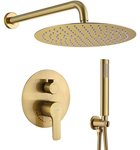 Shower System, Brushed Gold Shower Faucet Set Contain High Pressure 12 inch Round Rain Shower Head with Handheld, Wall Mounted Golden Brush Rainfall Shower Mixer Combo Set for Bathroom