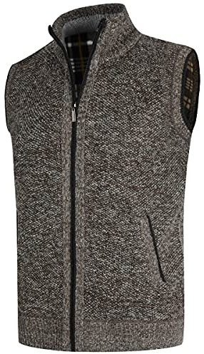 YOUTHUP Stickad väst för män hel dragkedja fleecefoder cardigan vinter tjock quiltad kroppsvärmare, Brun, XL
