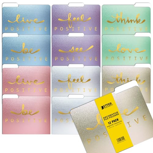 Better Office Products Decorative File Folders, 12 Pack, 6 Colors/6 Phrases, 12 Unique Designs, Heavyweight, Letter Size (9.5 x 11.5) with 1/3 Cut Tab, Gold Foil Positive Thoughts, Fashion Folders