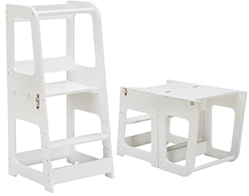 KYWAI® Montessori Lernturm ab 1 Jahr Klappbar Groß– 2-in-1 Premium Learning Tower & Tisch – Lernturm klappbar, Nachhaltiges Unternehmen, höhenverstellbare Stufe, Innovatives (weiß)
