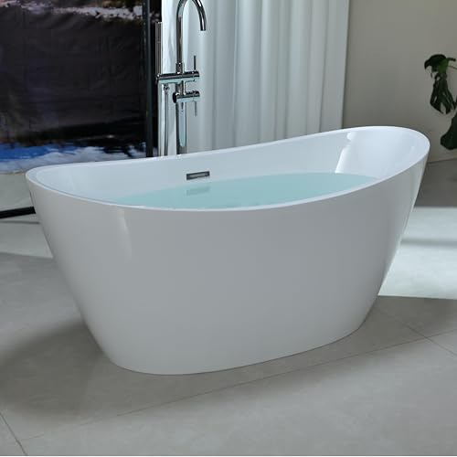 Empava 59 Freestanding Bathtub – Deep Soaking Acrylic Tub for Small Bathroom, Non-Slip Flatbottom, Stress Relief Home Spa, Brushed Nickel Drain & Overflow, Single Adult, Glossy White