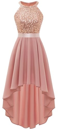 Dressystar Women's Sequin Dress Halter Cocktail Party Prom Dress Hi-Lo Bridesmaid Dress SQ28 Rose Gold L
