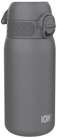 ION8 Kinder Trinkflasche, Edelstahl Leicht 400ml, Nicht Isoliert, Auslaufsicher, Einhandöffnung, Sichere Verriegelung, Spülmaschinenfest, Klappdeckel, Tragegriff, Leicht zu Reinigen, Grau
