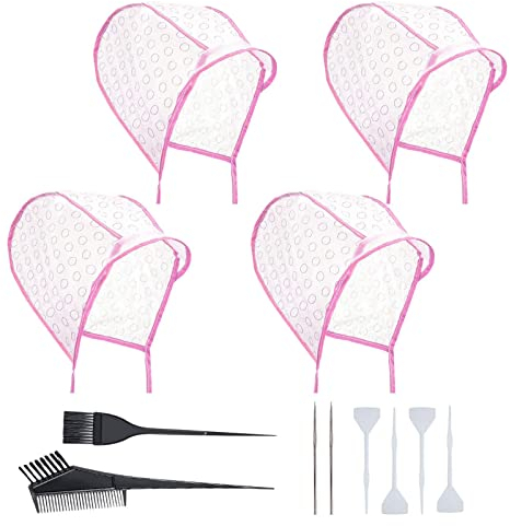 NITAIUN 12 Stück Kippen Kappe Highlight Haar Kappe Set Haarfärbepinsel Haar Färben Set Rosa Färbung Hervorhebung Kappe Haarefärben Zubehör mit Haken für Salon-und Haarfärbemitte