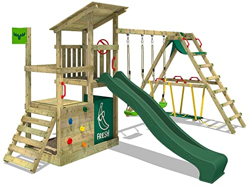 FATMOOSE Spielturm Klettergerüst FruityForest Fun XXL mit Surfanbau, Schaukel & grüner Rutsche, Outdoor Kinder Kletterturm mit Sandkasten, Leiter & Spiel-Zubehör für den Garten