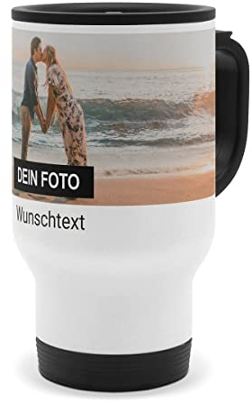 PhotoFancy® - Personalisierter Thermobecher - Isolierbecher To go mit eigenem Foto und Text selbst gestalten - Layout wählen (1 Bild + Text)