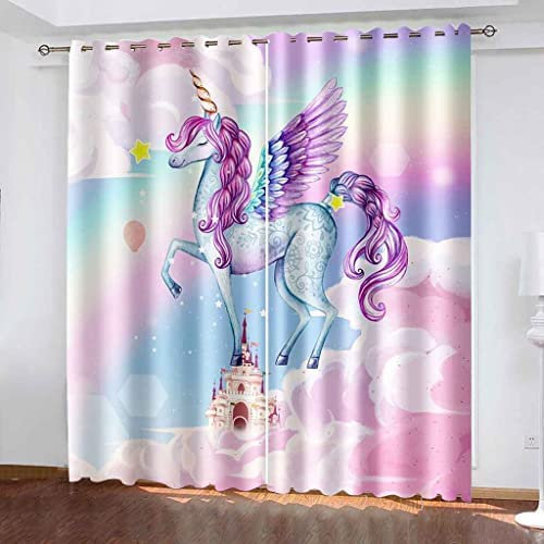 Schattierung Vorhänge 2Er Set 3D Fantasy-Einhorn Druck Isolierung Schalldichte Kinder Gardinen Blickdicht Mit Ösen Vorhang Fenster Für Wohnzimmer Schlafzimmer Balkon 280(B) X250(H) cm
