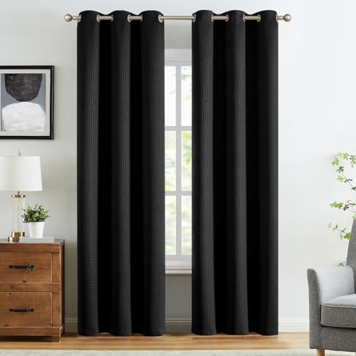 TOPICK Thermovorhang mit ösen, 2er Set 225H x 140B cm Verdunkelungsvorhänge Geometrisch Gemustert Vorhänge Blickdicht für Schlafzimmer Wohnzimmer, Gardinen Fenstervorhänge Schwarz