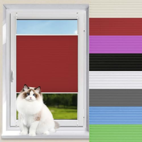 Plissee Faltrollo 70 x 200 cm Verdunkelnd & lichtundurchlässig Faltrollo Plisseerollo Jalousie Einfache Montage mit Klemmträger für Fenster & Balkontür, Rot