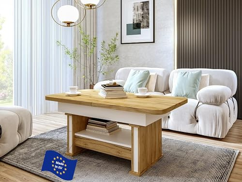 designimpex DA-555 Couchtisch Eiche Gold/Weiß matt ausziehbar höhenverstellbar mit Schublade 120/200 cm modern Wohnzimmertisch Esstisch abgerundete Ecken Sofatisch platzsparend hochwertig Wohnzimmer
