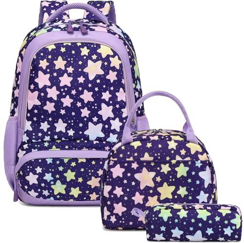 Kimwadalh Kinderucksack Stern Rucksäcke für Mädchen Schulranzen Kinder Mädchen Schultaschen 3 TLG. Sets für Grundschule 1-5 Klasse,Reisen Wandern
