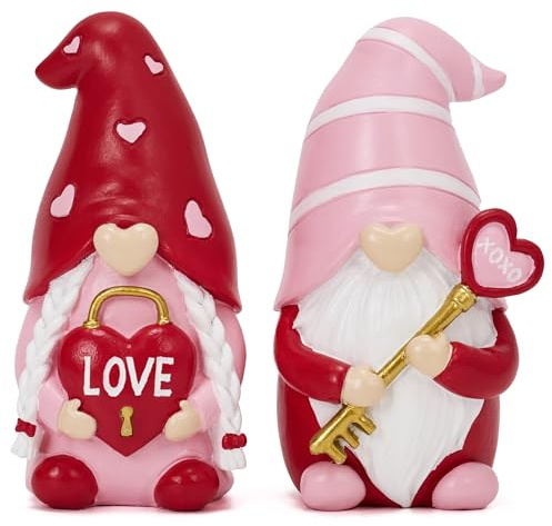 Valery Madelyn 2er Valentinstag Wichtel Figuren, Liebe Herz Zwerge Deko, Rot/Rosa Romantische GNOME, Liebhaber Geschenk, Süße Tischdeko Frühlingsdeko für Partner/Freundin, 11cm(L)