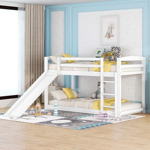 YCYDHDM Etagenbett 90 x 200 cm mit Rutsche und Rausfallschutz, Doppel Hochbett Kinderbett mit Lattenrost und Leiter, Bettgestell aus Kiefernholz, Stockbett für Kinderzimmer, Ohne Matratze, Weiß