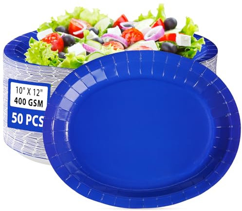 Grencian 50 PCS Blue Oval Paper Plates Blue Plate Large 10 X 12 Disposable 400GSM Paper Tableware Dinnerware for Birthday Winter Holiday Wedding Baby Shower Christmas Party Decorations