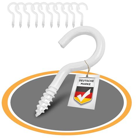 HENK Weiße Gebogene Schraubhaken Set: 10 robuste Eisen Epox-Hakenschrauben mit Gewinde. Ideal für Innen und Außen als Deckenhaken, Wandhaken und Befestigungshaken. (2.40x16/30)