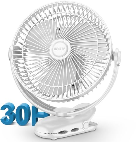 BIVBTP 20cm Tragbarer Clip-On-Ventilator, 10000mAh Akku-Ventilator mit Clip für Kinderwagen, 720 Grad Drehung, 4 Geschwindigkeiten, USB-Tischventilator für Büro, Reisen im Freien, Camping(Weiß)