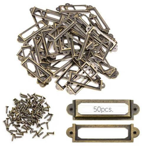 Ruidee 50 Stück Metall Etikettenrahmen Vintage 60x17mm Etiketten Kartenrahmenhalter Möbel Schublade Label Halter mit Schrauben Namensschild Etikettenrahmen für Büro Bibliothek (60x17mm/Bronze)