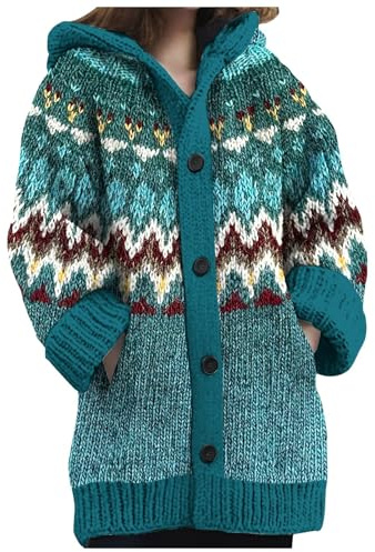 Sunnyuk Norweger Strickjacke Damen Winter Grobstrick mit Kapuze Cardigan - Alpaka Bunt Lang Strickpullover Kapuzenjacke Knöpfen Mohair Jacquard Sweatshirt Warm Grobstrickpullover
