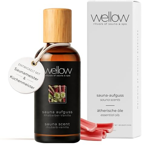 wellow® Sauna Aufguss Rhabarber-Vanille – 100 ml Saunaaufguss-Konzentrat mit ätherischen Ölen – fruchtig-süßlicher Duft – hochkonzentriert & ergiebig, Made in Germany