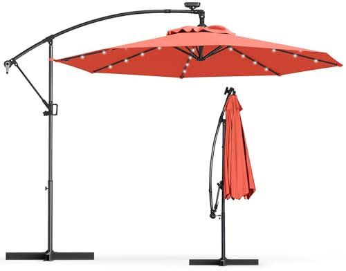 KOMFOTTEU Ombrellone LED 300 cm x 230 cm, ombrellone da giardino con manovella, ombrellone da terrazza con supporto, rotazione a 360°, ombrellone pieghevole inclinabile, ombrellone senza portaombrelli