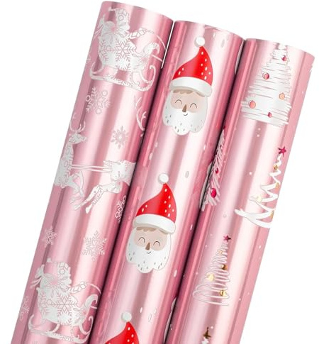 Wikadlik Weihnachtsgeschenkpapierrolle, 3 Mini Rollen Folie Rosa Weiß Geschenkverpackungspapier, Weihnachtsbaum/Weihnachtsmann/Rentier/Schlitten Design - 43,5cm x 3m Pro Rolle