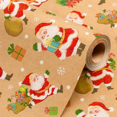 Wikadlik Kraft Weihnachts-Geschenkpapier Rolle - Fröhlicher Weihnachtsmann mit Schnittlinien Design Geschenkpapier - 43cm x 10m