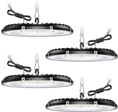 4 Pack 150W UFO LED Werkstattlampe, Hallenstrahler 22500LM, 6000K Kaltweiß Industrielampe High Bay Light, IP65 Wasserdichte Industrielampe High Bay Licht für Fabriken, Garage, Lagerhaus, Beleuchtung