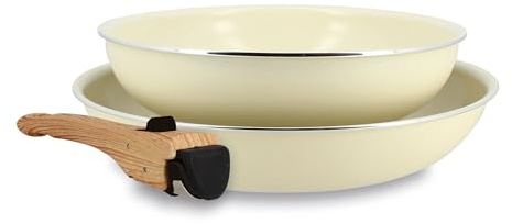 MENASTYL - Lot de 2 Poêles Amovibles Empilables 22 et 26 cm - Tous Feux Dont Induction - Revêtement Céramique Antiadhésif sans PFAS - Gamme Colorama - Couleur Crème - 98% Aluminium Recyclé