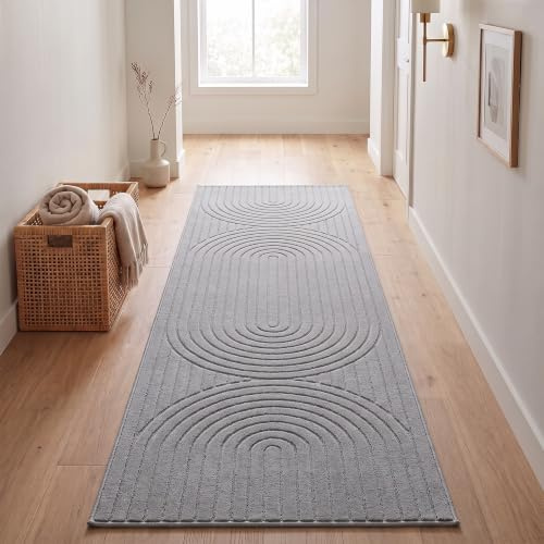 SIMPEX Kurzflor Teppich Läufer 80x250 cm Grau Wohnzimmer, Schlafzimmer, 3D Hoch-Tief-Effekt, Skandinavisch Boho Motiv, für Outdoor Bereich geeignet Terrassen oder im Balkon