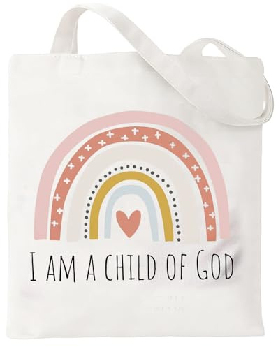 Yoljun Christliche Stoffbeutel, 40×35cm Stoffbeutel Bedruckt mit I Am A Child of God, Christliche Geschenke für Frauen, Wiederverwendbar Aesthetic Canvas Tote Bag für Einkaufen Reisen Fitness