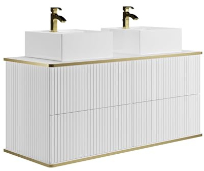 Vente-unique-Mueble de baño Flotante Rayado con Ribete Dorado y Doble Lavabo sobre encimera - Blanco - 120 cm - KELIZA