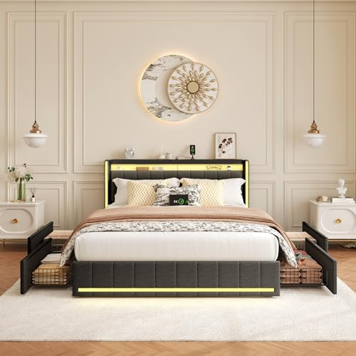 TIMORWTF Marco de cama 160x200 con LED y USB, cama baúl 160x200 con 4 cajones de almacenamiento y cabecero acolchado, camas dobles con somier de listones, camas dobles para adultos, lino
