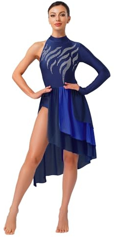 CHICTRY Robe de Danse lyrique pour Femmes Robe Unique Manches Longues de Patinage Artistique Costume de Danse de Ballet Moderne Contemporain S-XXL Bleu Marine XXL