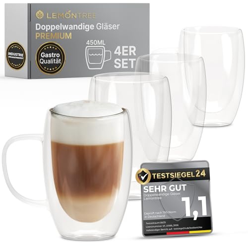 Lemontree 4er Set Latte Macchiato Gläser 450ml - 180 Grad spülmaschinenfest und hitzebeständig - Gastronomie Qualität - doppelwandige Gläser mit Henkel aus Borosilikatglas für Eiskaffee Matcha Kaffee