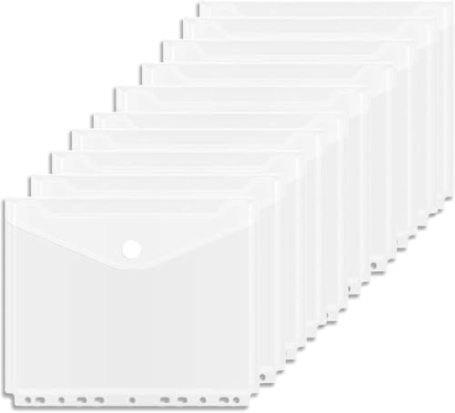 10 Stück Dokumententasche A5, 22.5x18cm Umschlagmappen zum Abheften Dokumentenmappe Sichttaschen mit Klettverschluss, Sammelmappen Wasserdicht für Dokument Organisieren (7 Löcher, Transparent)