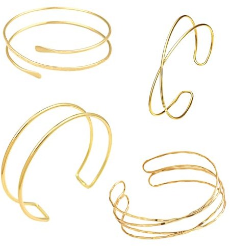 ZeBQrphio 4 Pieces Arm Cuff Gold,Gold Arm Cuff Set, Elegant Leaf Design Minimalist Cuff Arm Bracelets for Evening Parties and Special Events, Adjustable Metal Cuff Bangle Collection for Women