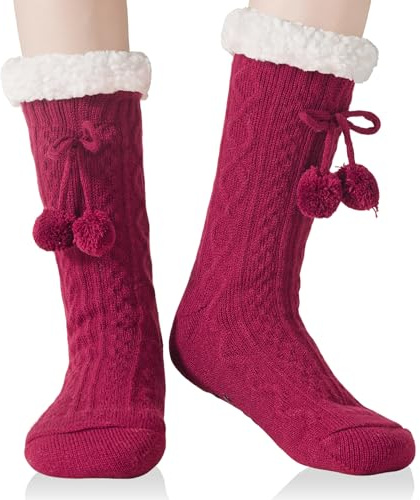YEEKAORA Calze Antiscivolo Donna Invernali Calze Termiche a Pantofola Calzettoni Morbidi per Casa, Natalizie, Regalo di Natale Capodanno (Rosso)