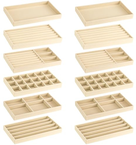 HAOTIAN-X 12 Stück Samt stapelbar Schmuck Trays, Cremefarben Schmucks Schublade Veranstalter, große abnehmbare Display Schmuck Tray, Halskette Armband Storage Box für Ohrring, Ring, Brosche