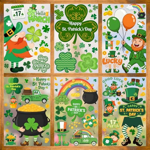 St Patricks Day Window Clings Stickers | 200Pcs St Patricks Clings Party Decorations Shamrock Rainbow Clovers Irish Holiday Craft Window Decal Indoor Outdoor Accessories Party Supplies Décor-8Sheets