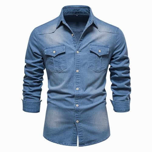 Aunribor Herrskjortor med nedfällbar krage och ändkanter i bomull med långa ärmar, cowboydesign, slitet utseende, casual mode, dubbel ficka, jacka, Himmelsblå, S