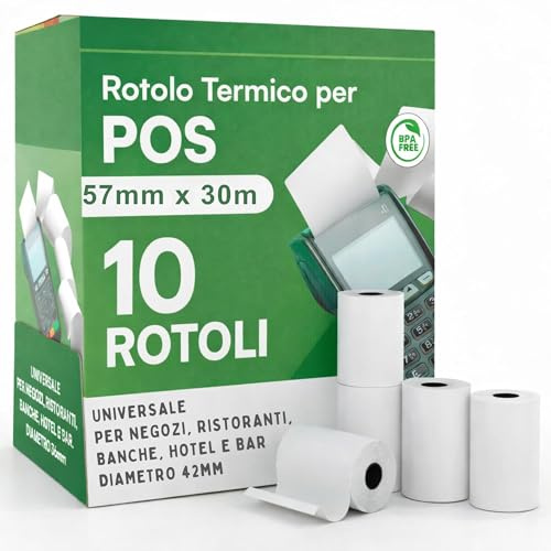 10 Rotoli POS Carta Termica (57 mm x 30 mt) GARANTITI e PROFESSIONALI - Anima da 12 mm - BPA Free 55 g per Registratore di Cassa, Calcolatrici e POS - Stampa Nitida e Duratura