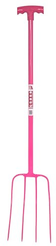 Red Gorilla 4 Prong Manure Fork with T Handle Pink Lightweight For Stable Bedding Mucking Out Metal Pitchfork for Hay and Garden Compost 114cm Long